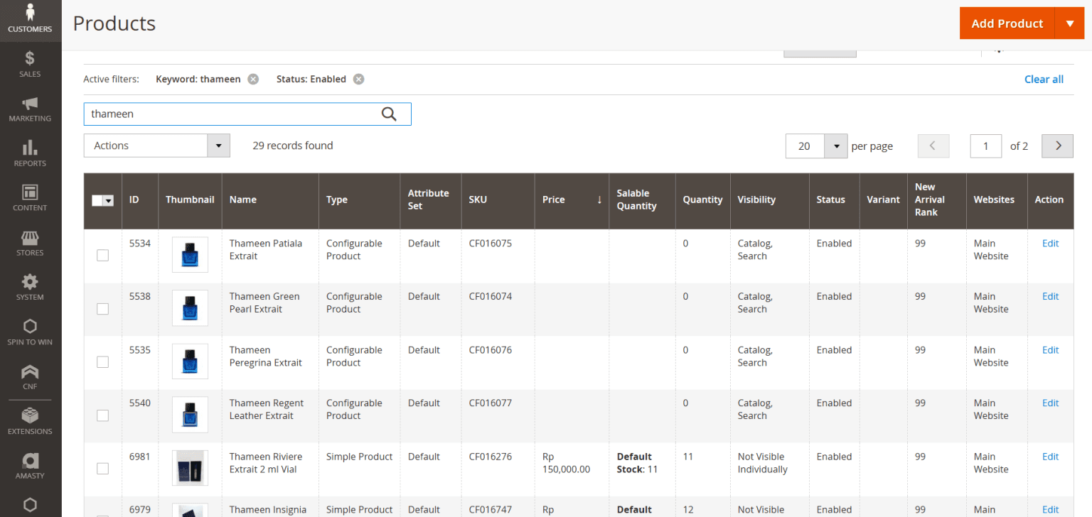 Old Magento admin showing a perfume store’s product list before the move to Shopify