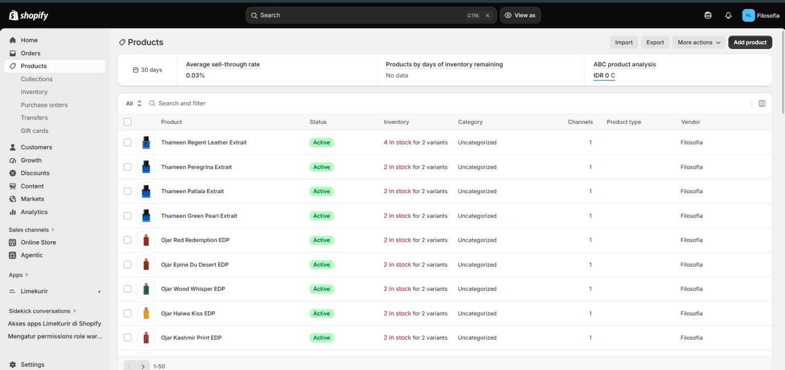 New Shopify admin showing the same perfume products, live and in stock